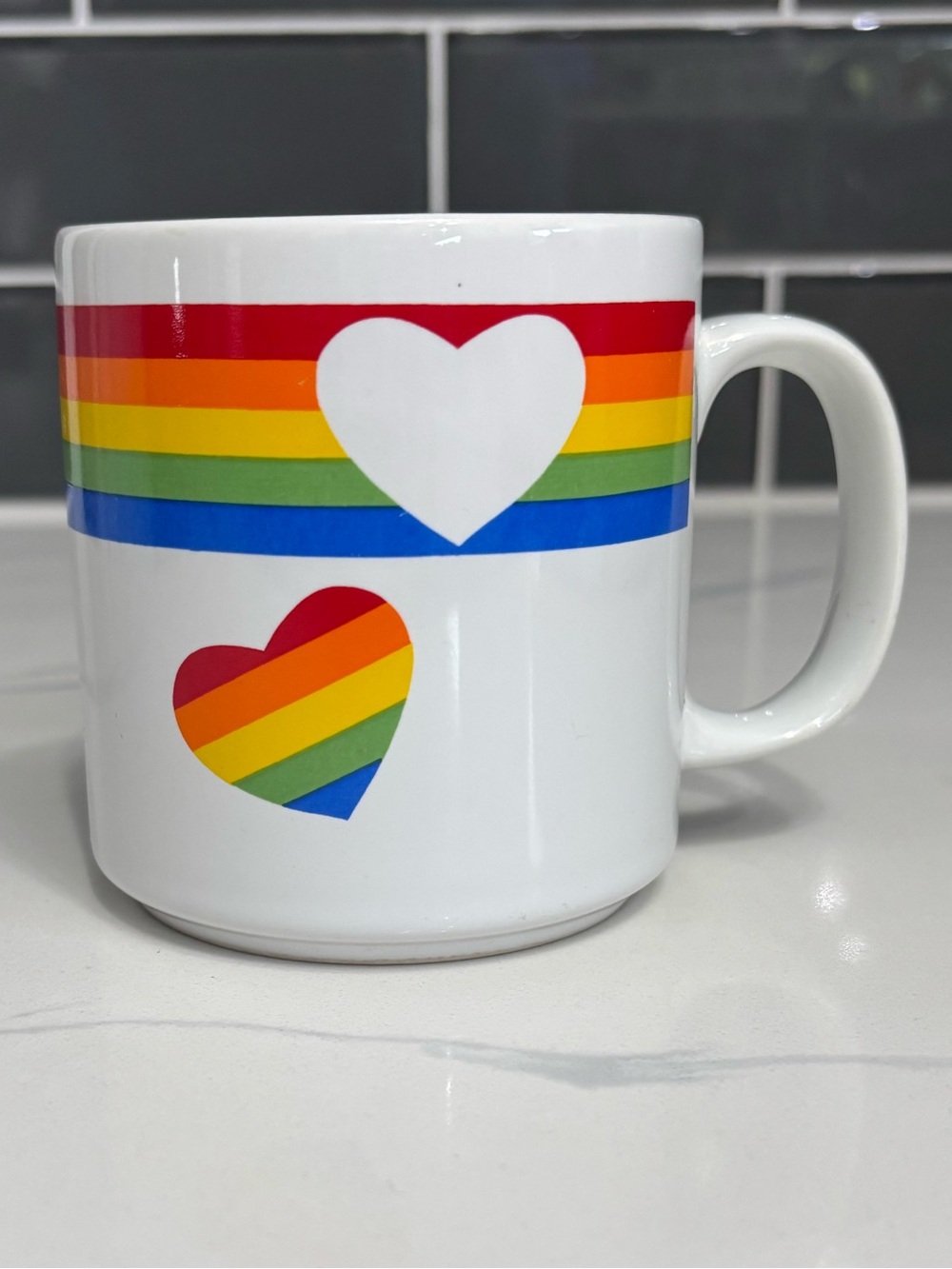 Russ White Ceramic Mug with Red-Orange-Yellow-Green-Blue Rainbow Hearts